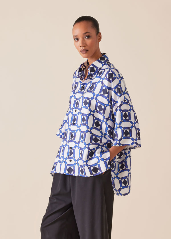 eskandar silk sloped shoulder wide a-line short sleeve shirt with collar - mid plus