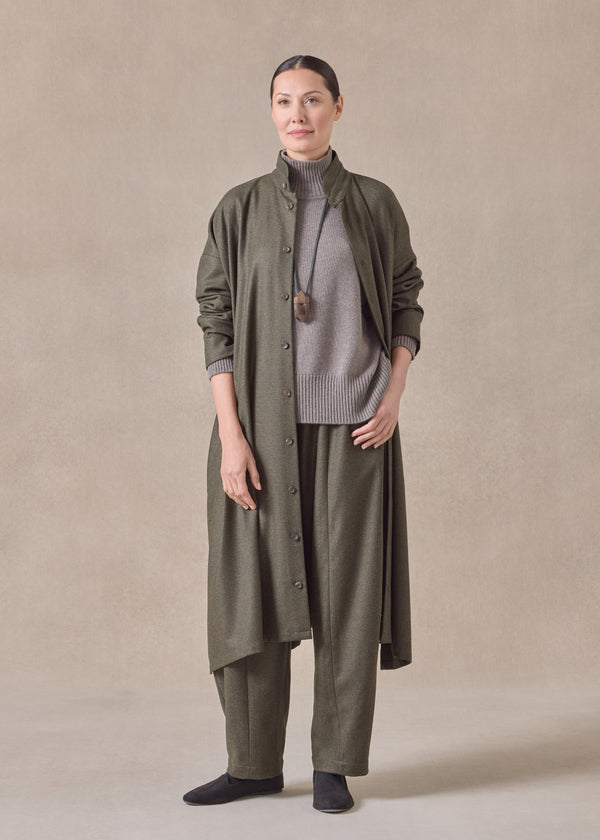 Eskandar Silk Superfine Wool Mix Wide A-line Shirt Dress With Double Stand Collar