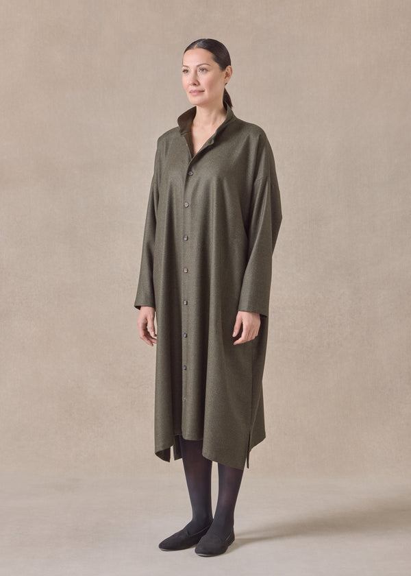 Eskandar Silk Superfine Wool Mix Wide A-line Shirt Dress With Double Stand Collar
