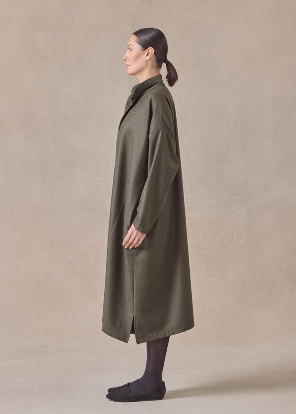 Eskandar Silk Superfine Wool Mix Wide A-line Shirt Dress With Double Stand Collar