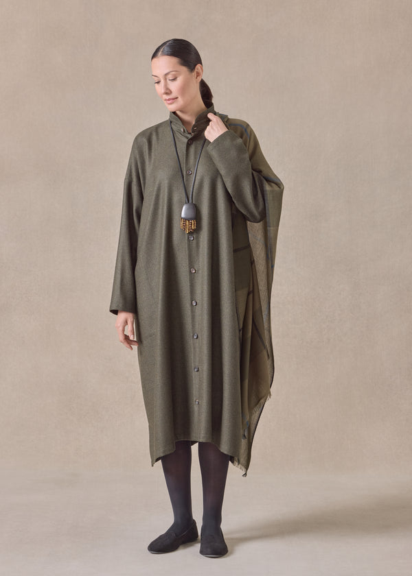 eskandar silk superfine wool mix wide a-line shirt dress with double stand collar