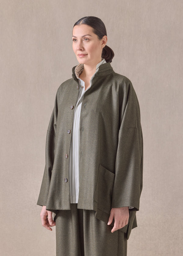Eskandar Silk Superfine Wool Mix Wide Longer Back Double Stand Collar Jacket - Long