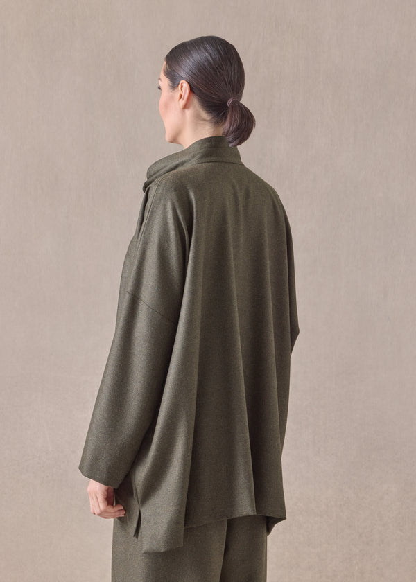 Eskandar Silk Superfine Wool Mix Wide Longer Back Double Stand Collar Jacket - Long