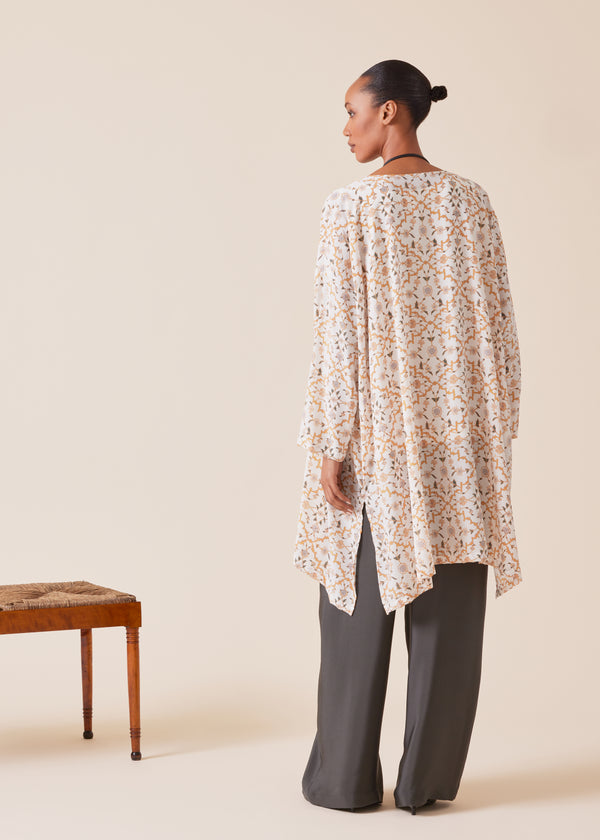 Eskandar Silk Wide A-line Bound Neck Shirt - Very Long With Slits