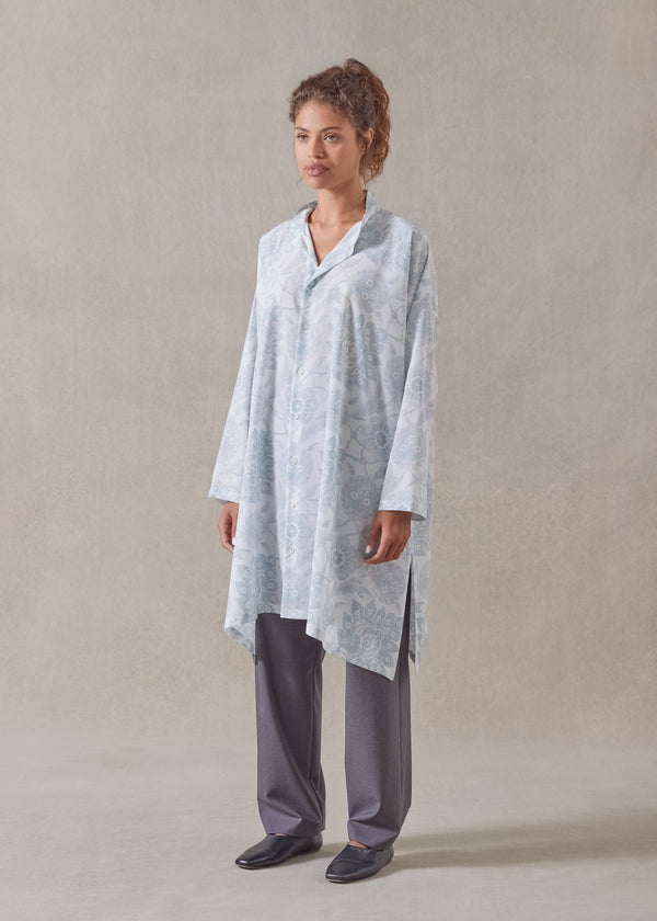 Eskandar Silk Wide A-line Collarless Shirt - Very Long With Slits