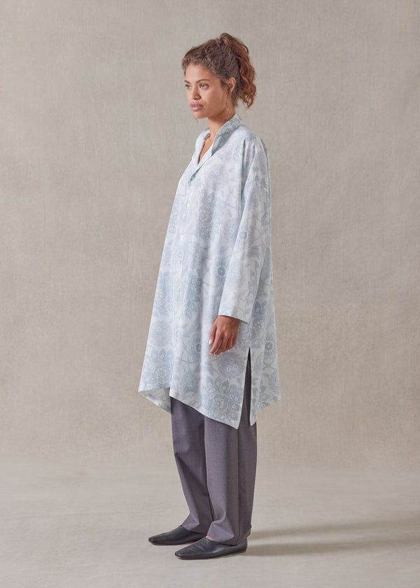 Eskandar Silk Wide A-line Collarless Shirt - Very Long With Slits