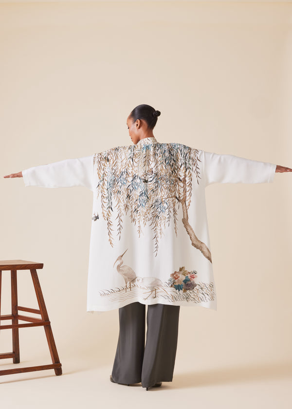 Eskandar Silk Wide A-line Collarless Shirt - Very Long With Slits