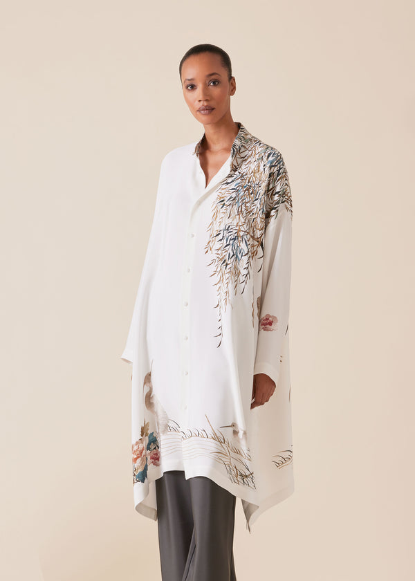 eskandar silk wide a-line collarless shirt - very long with slits