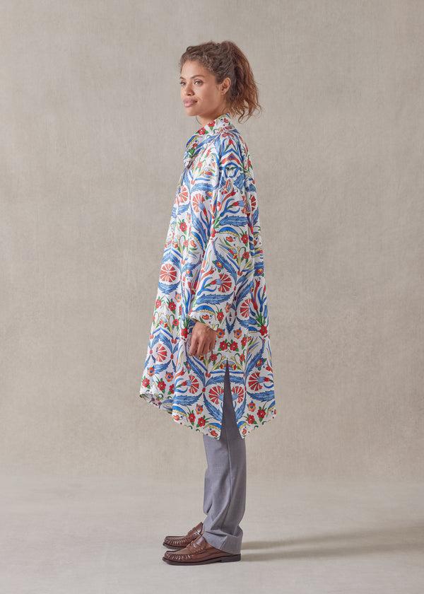 Eskandar Silk Wide A-line Collarless Shirt - Very Long With Slits