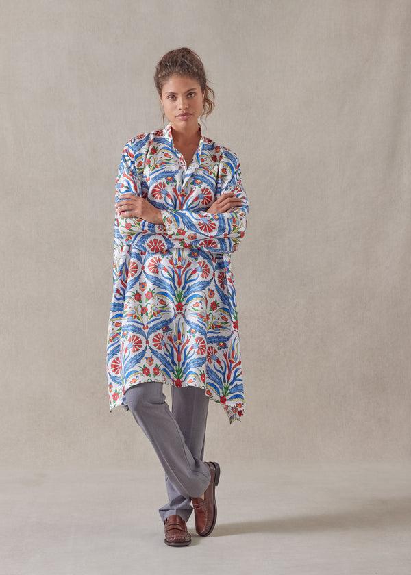 eskandar silk wide a-line collarless shirt - very long with slits