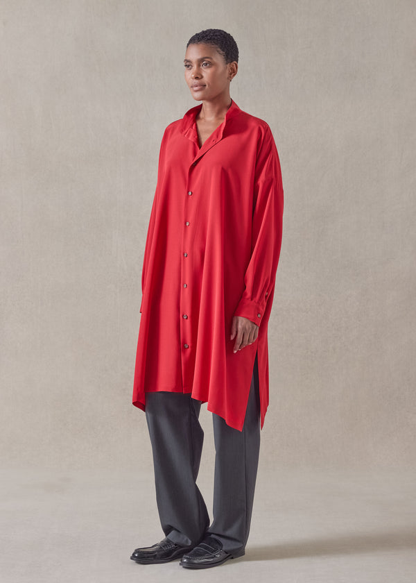 Eskandar Silk Wide A-line Collarless Shirt - Very Long With Slits