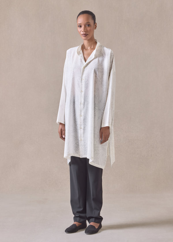 Eskandar Silk Wide A-line Collarless Shirt - Very Long With Slits