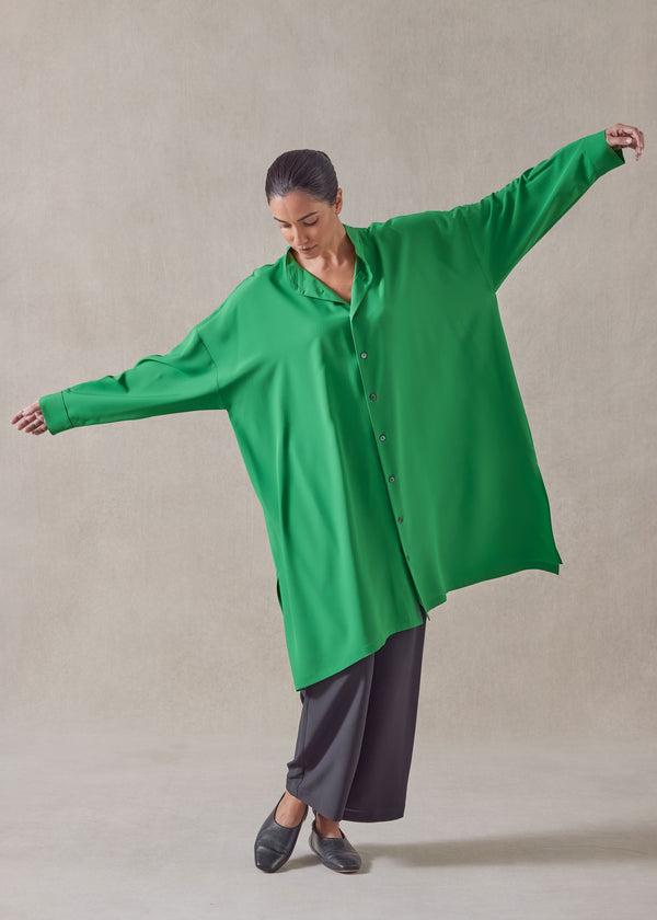 Eskandar Silk Wide A-line Collarless Shirt - Very Long With Slits