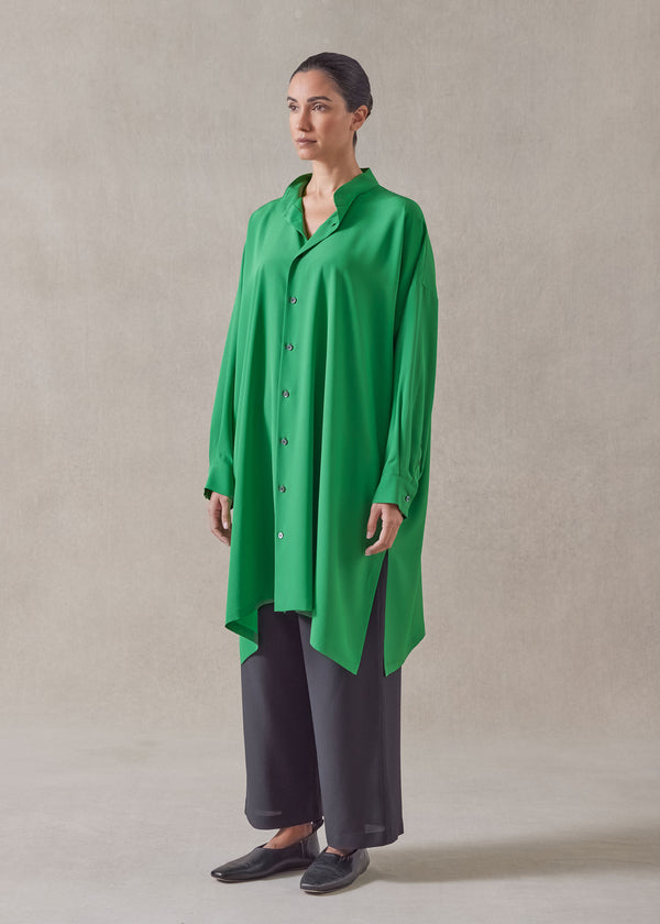 eskandar silk wide a-line collarless shirt - very long with slits