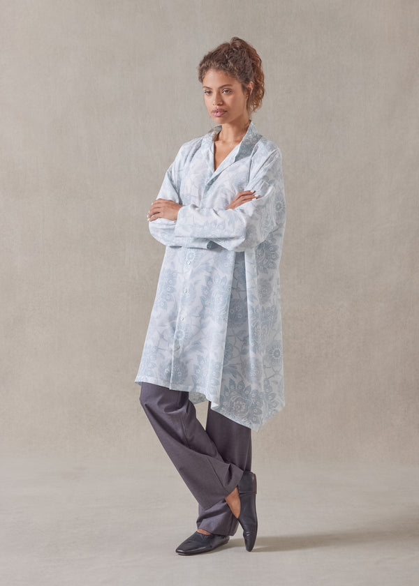 eskandar silk wide a-line collarless shirt - very long with slits