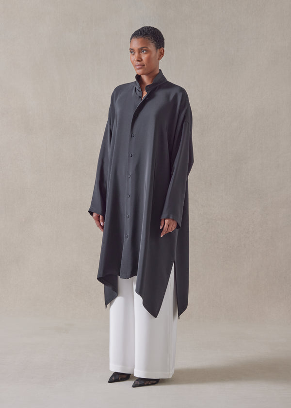 Eskandar Silk Wide A-line Double Stand Collar Shirt - Very Long With Slits