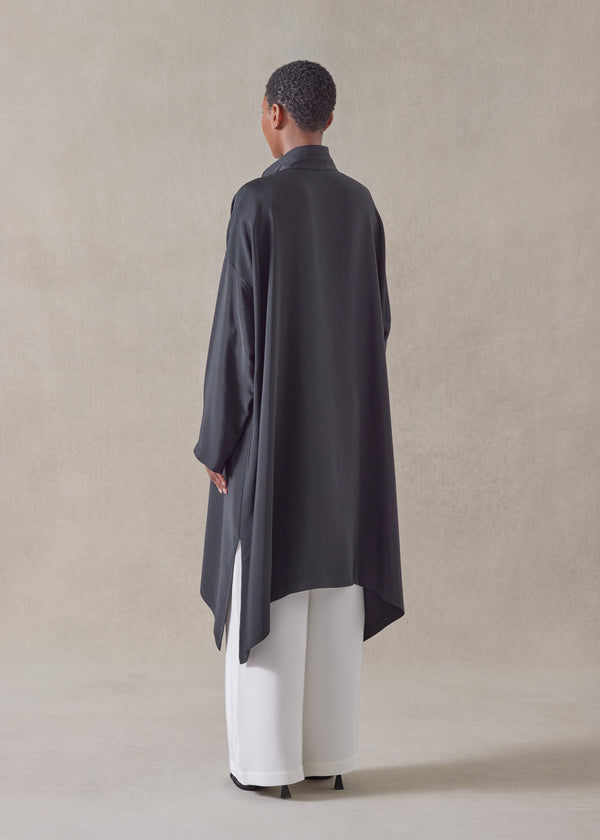 Eskandar Silk Wide A-line Double Stand Collar Shirt - Very Long With Slits