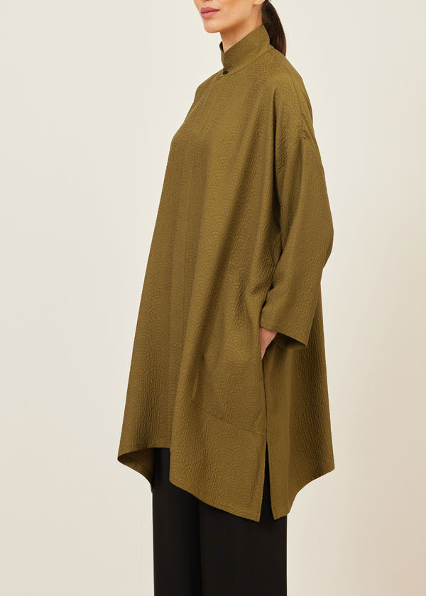 Eskandar Silk Wide A-line Double Stand Collar Shirt - Very Long With Slits