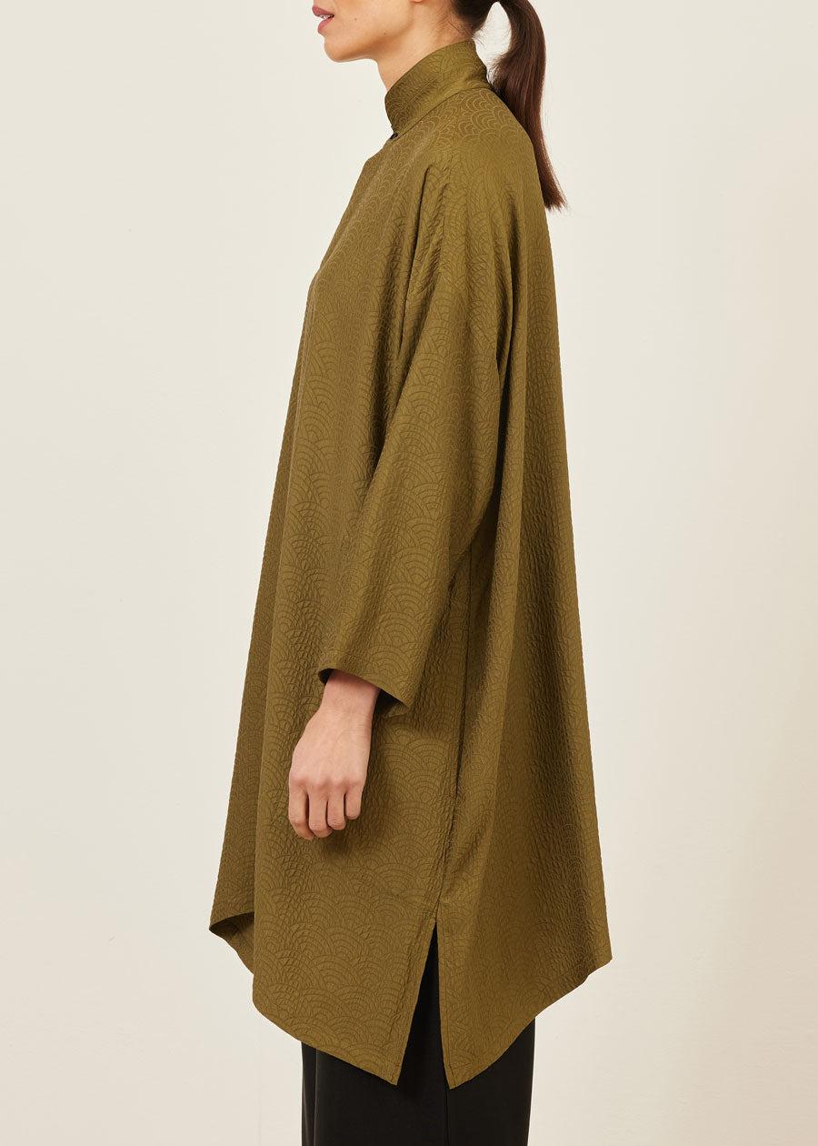 Eskandar Silk Wide A-line Double Stand Collar Shirt - Very Long With Slits