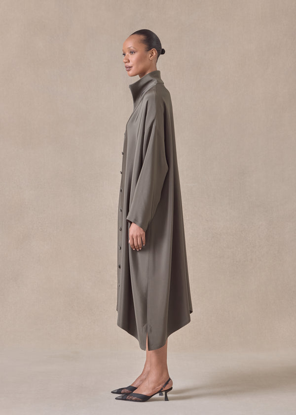 Eskandar Silk Wide A-line Shirt Dress With Open Standup Collar