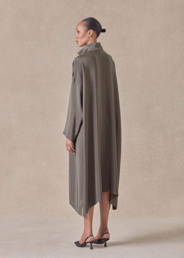 Eskandar Silk Wide A-line Shirt Dress With Open Standup Collar