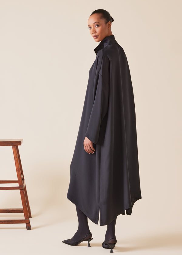 Eskandar Silk Wide A-line Shirt Dress With Open Standup Collar