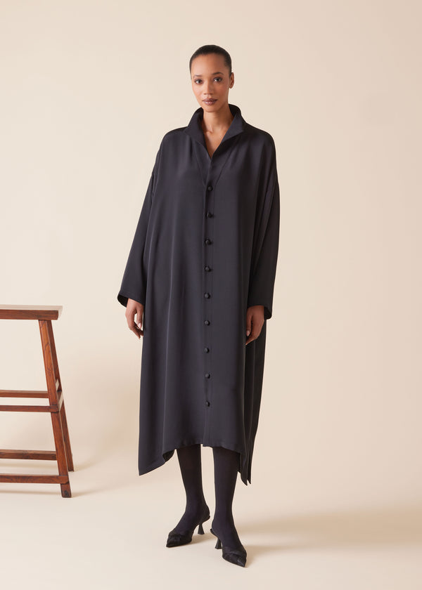 eskandar silk wide a-line shirt dress with open standup collar