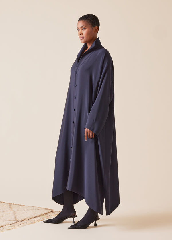 Eskandar Silk Wide A-line Shirt Dress With Open Standup Collar