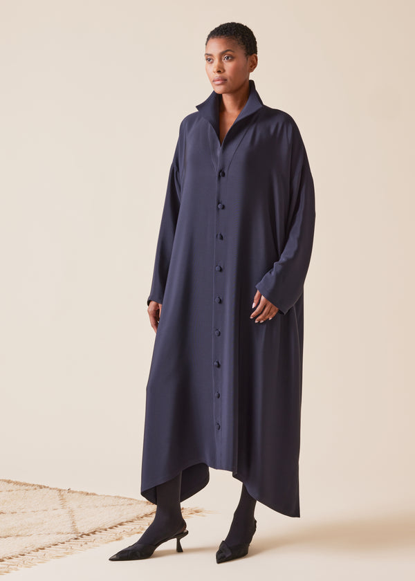 eskandar silk wide a-line shirt dress with open standup collar