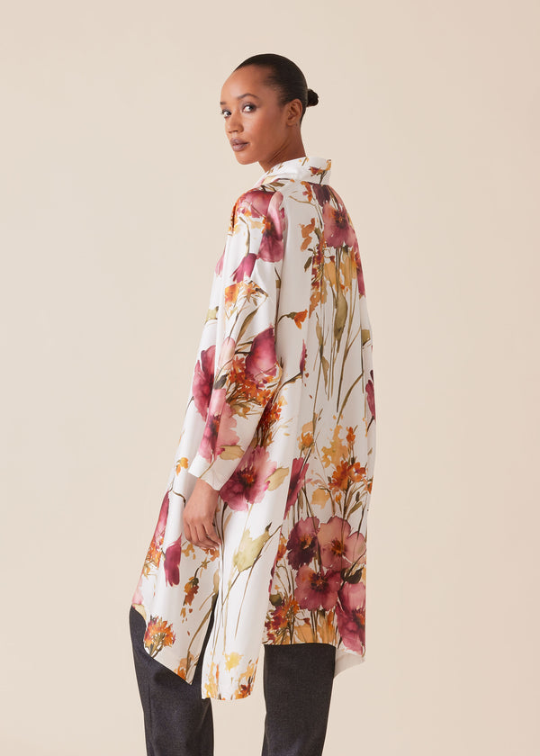 Eskandar Silk Wide A-line Shirt With Double Stand Collar - Very Long With Slits