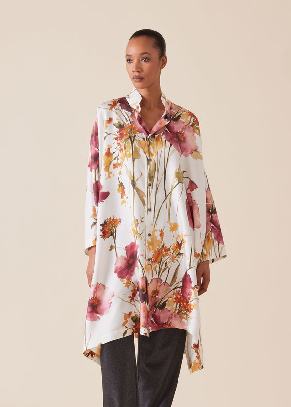 eskandar silk wide a-line shirt with double stand collar - very long with slits