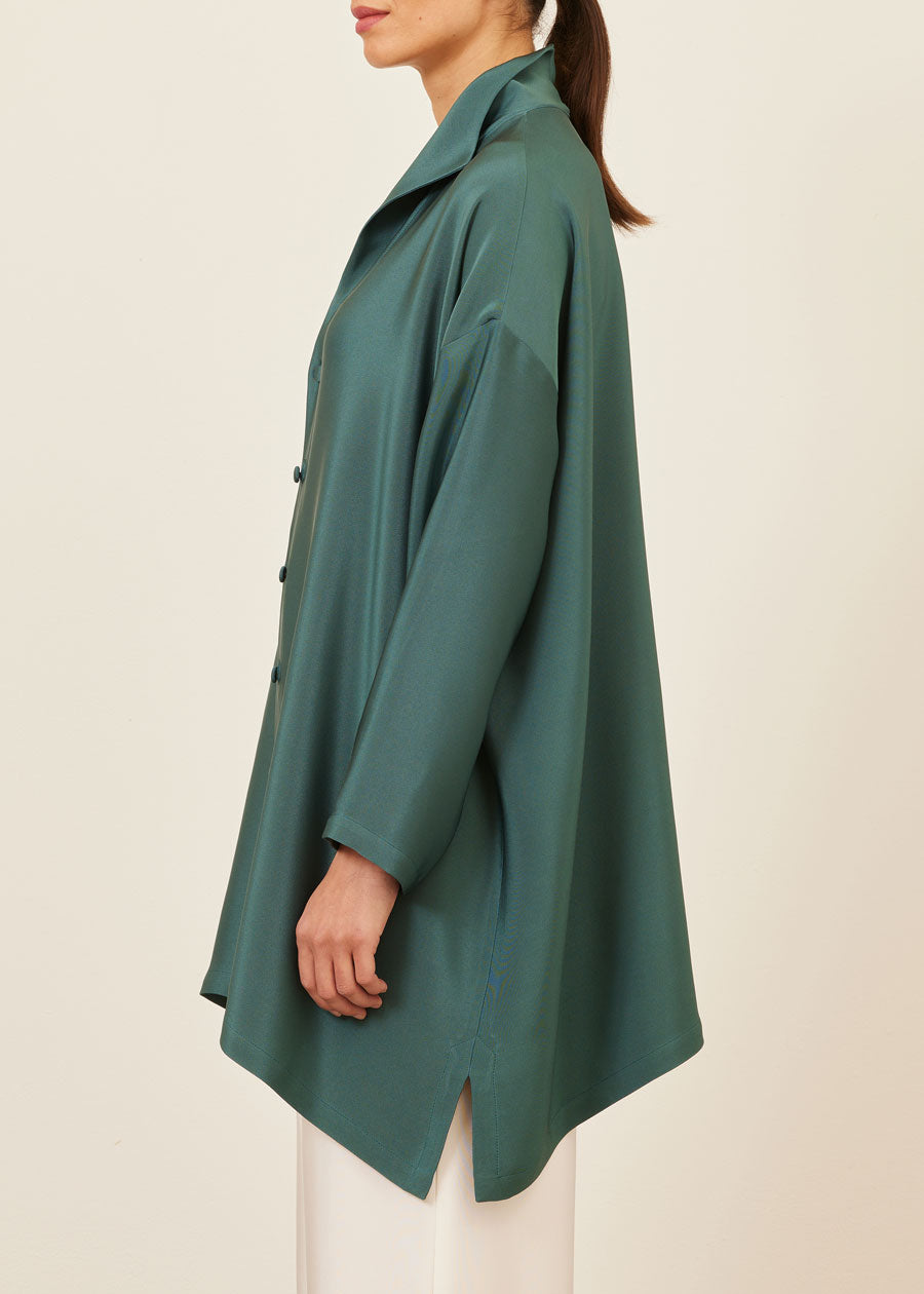 Eskandar Silk Wide A-line Shirt With Open 'standup Collar' - Long Plus