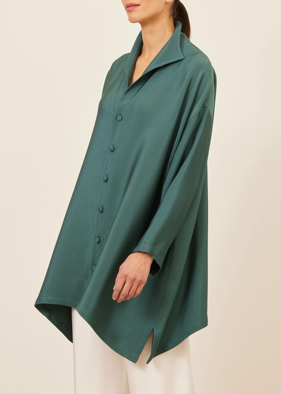 Eskandar Silk Wide A-line Shirt With Open 'standup Collar' - Long Plus
