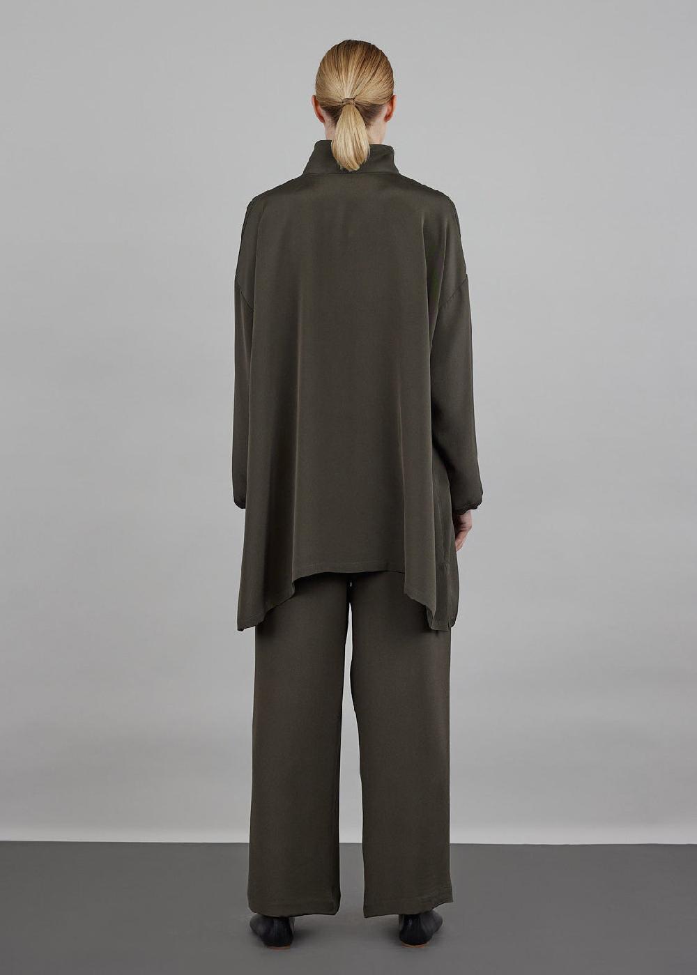 Eskandar Silk Wide A-line Shirt With Open 'standup Collar' - Long Plus