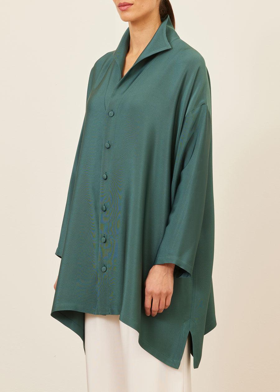 eskandar silk wide a-line shirt with open 'standup collar' - long plus