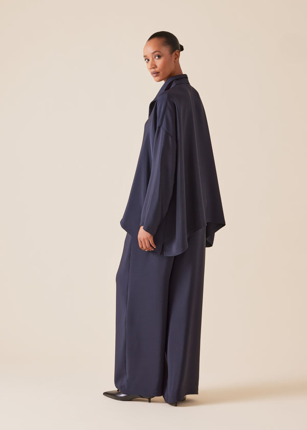 Eskandar Silk Wide A-line Shirt With Open Standup Collar - Mid Plus