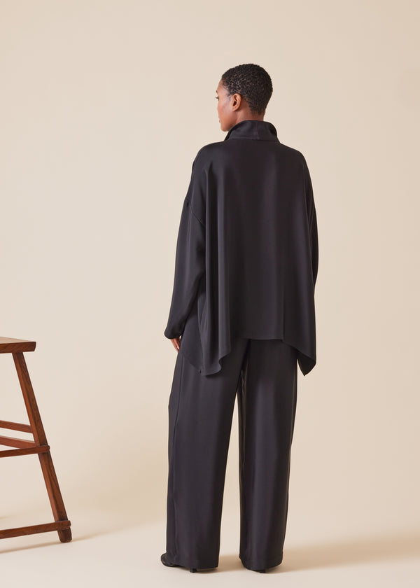 Eskandar Silk Wide A-line Shirt With Open Standup Collar - Mid Plus