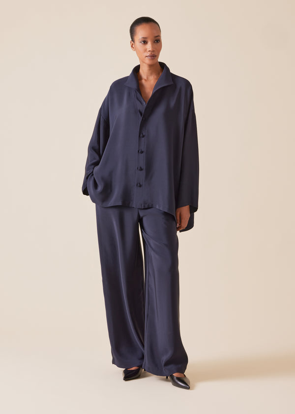 eskandar silk wide a-line shirt with open standup collar - mid plus