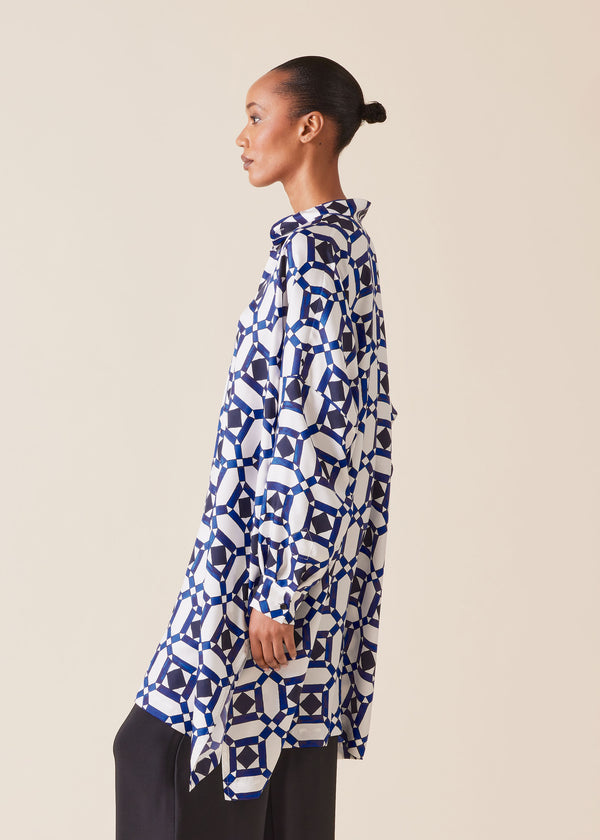 Eskandar Silk Wide Collarless Shirt - Very Long With Slits