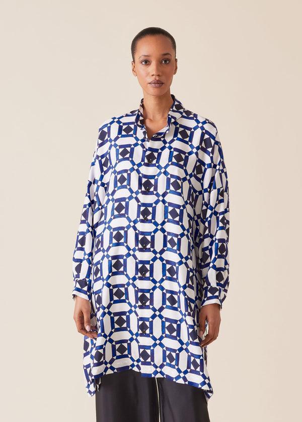 eskandar silk wide collarless shirt - very long with slits