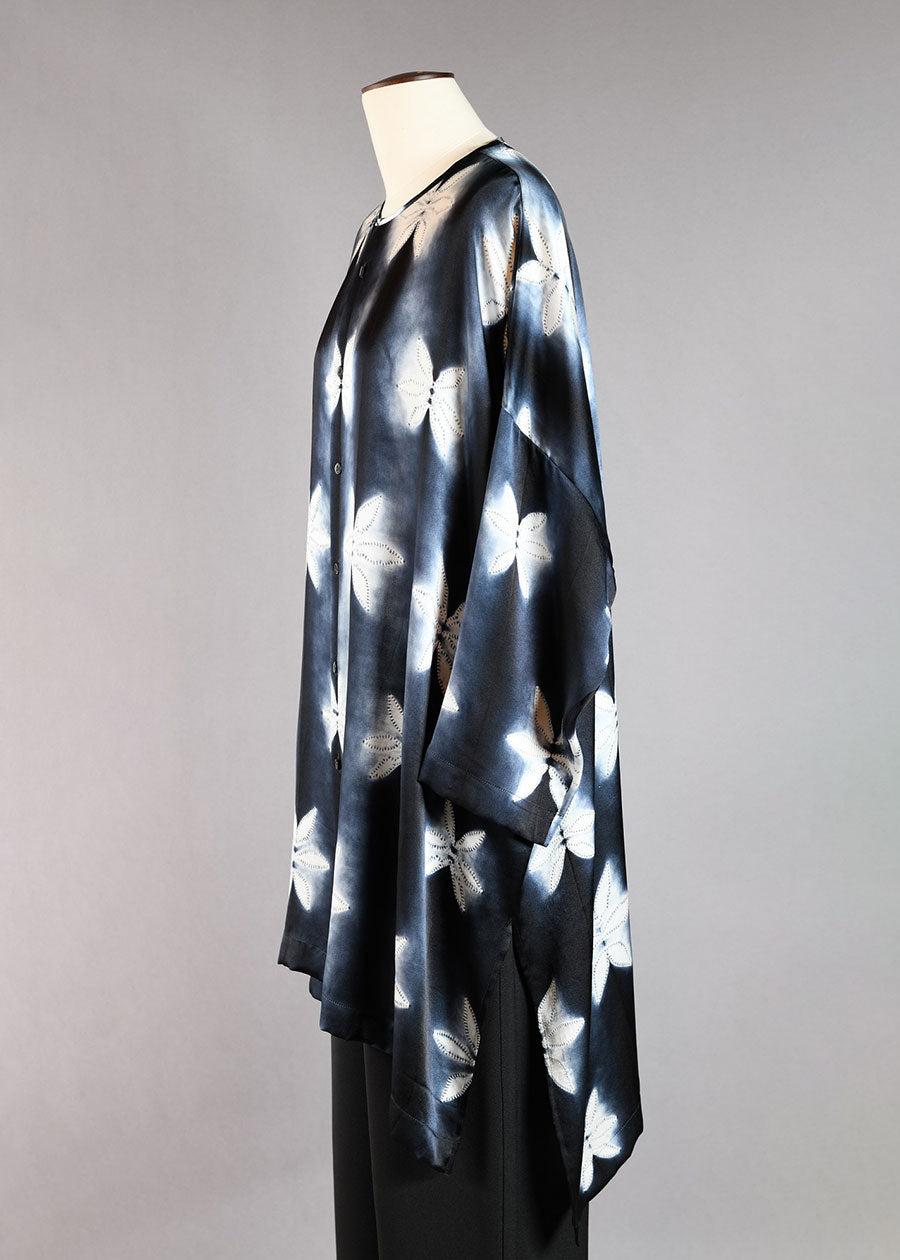 Eskandar Silk Wide Longer Back Bnd Neck Shirt-very Long With Slits (3/4 Sleeve)