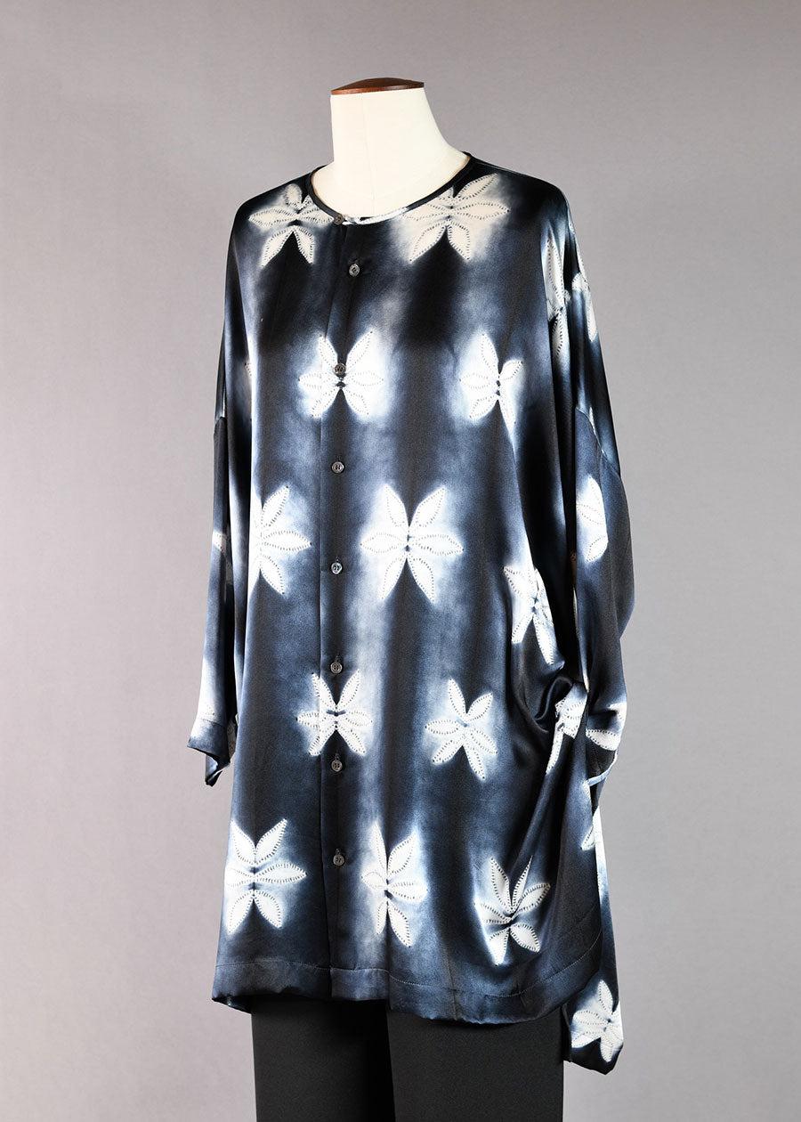 eskandar silk wide longer back bnd neck shirt-very long with slits (3/4 sleeve)