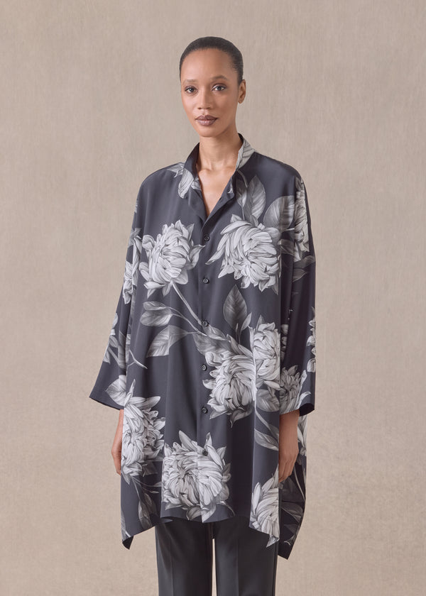 Eskandar Silk Wide Longer Back Collarless Shirt - Very Long With Slits