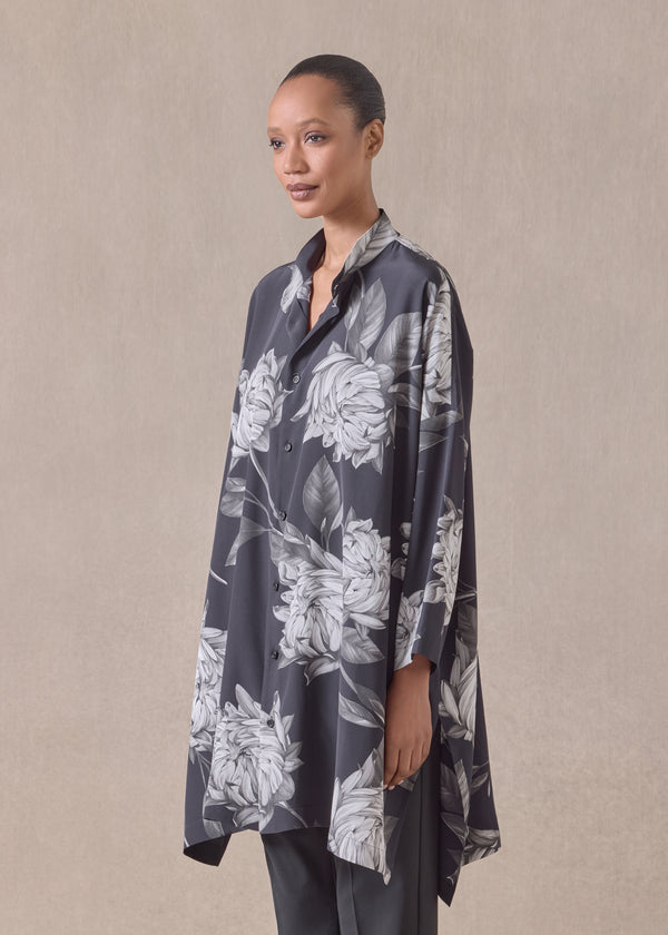 Eskandar Silk Wide Longer Back Collarless Shirt - Very Long With Slits