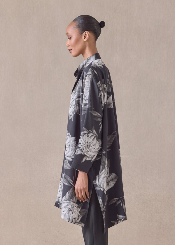 Eskandar Silk Wide Longer Back Collarless Shirt - Very Long With Slits