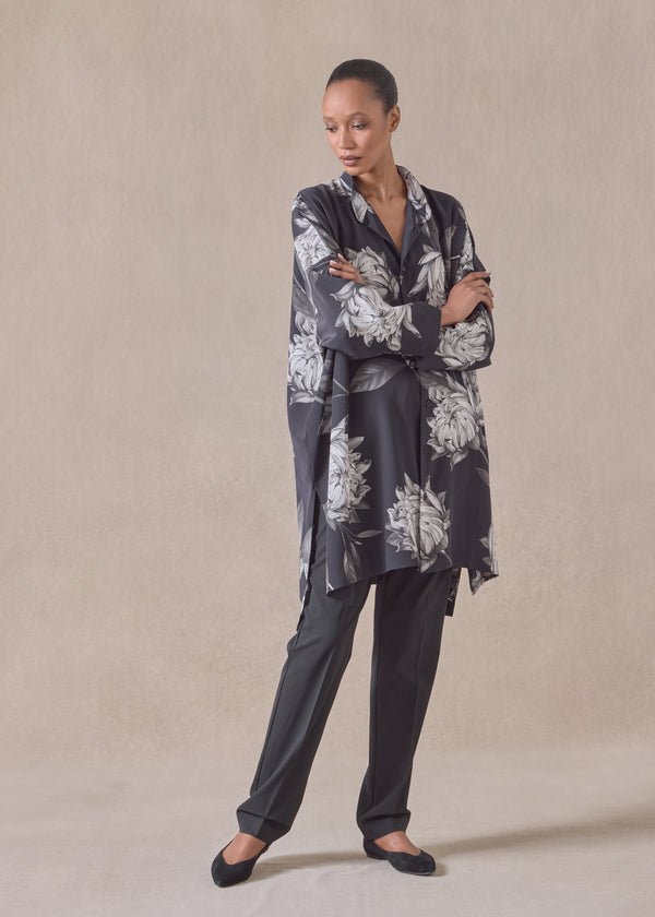 eskandar silk wide longer back collarless shirt - very long with slits