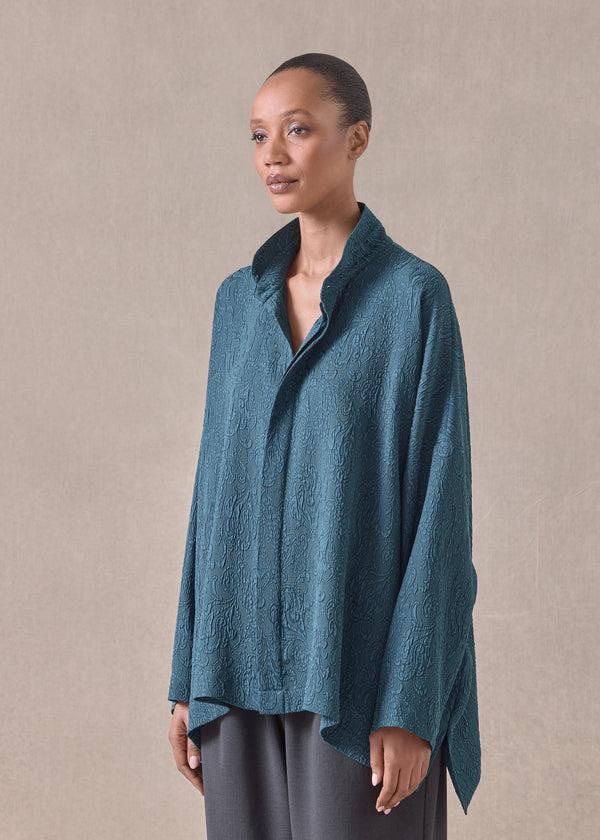 Eskandar Silk Wide Longer Back Double Stand Collar Shirt - Mid Plus