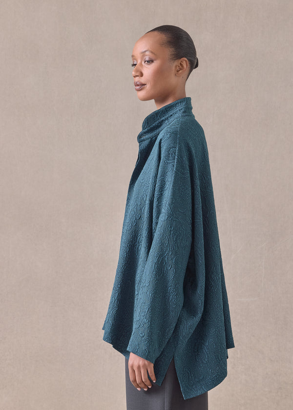 Eskandar Silk Wide Longer Back Double Stand Collar Shirt - Mid Plus