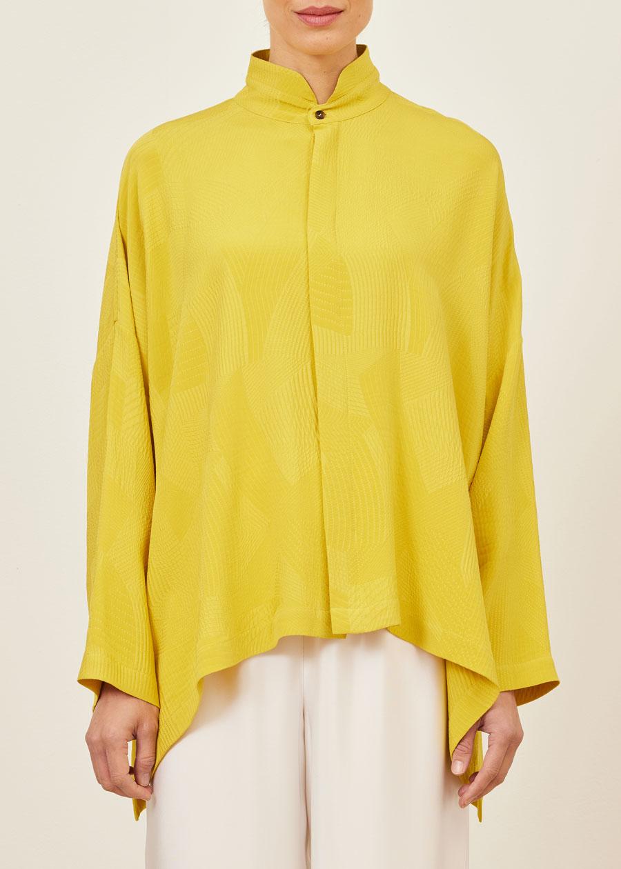 Eskandar Silk Wide Longer Back Double Stand Collar Shirt - Mid Plus