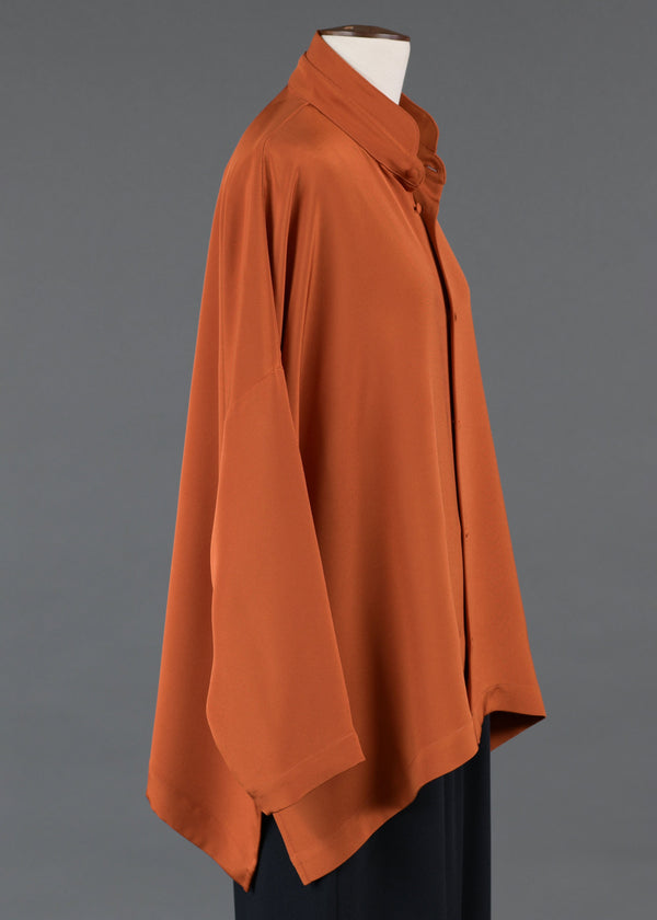 Eskandar Silk Wide Longer Back Double Stand Collar Shirt - Mid Plus